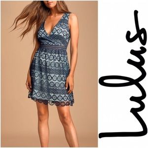 NWT LuLus Navy Eyelet Crochet Lace Overlay Skater Fit & Flare Dress Women's S